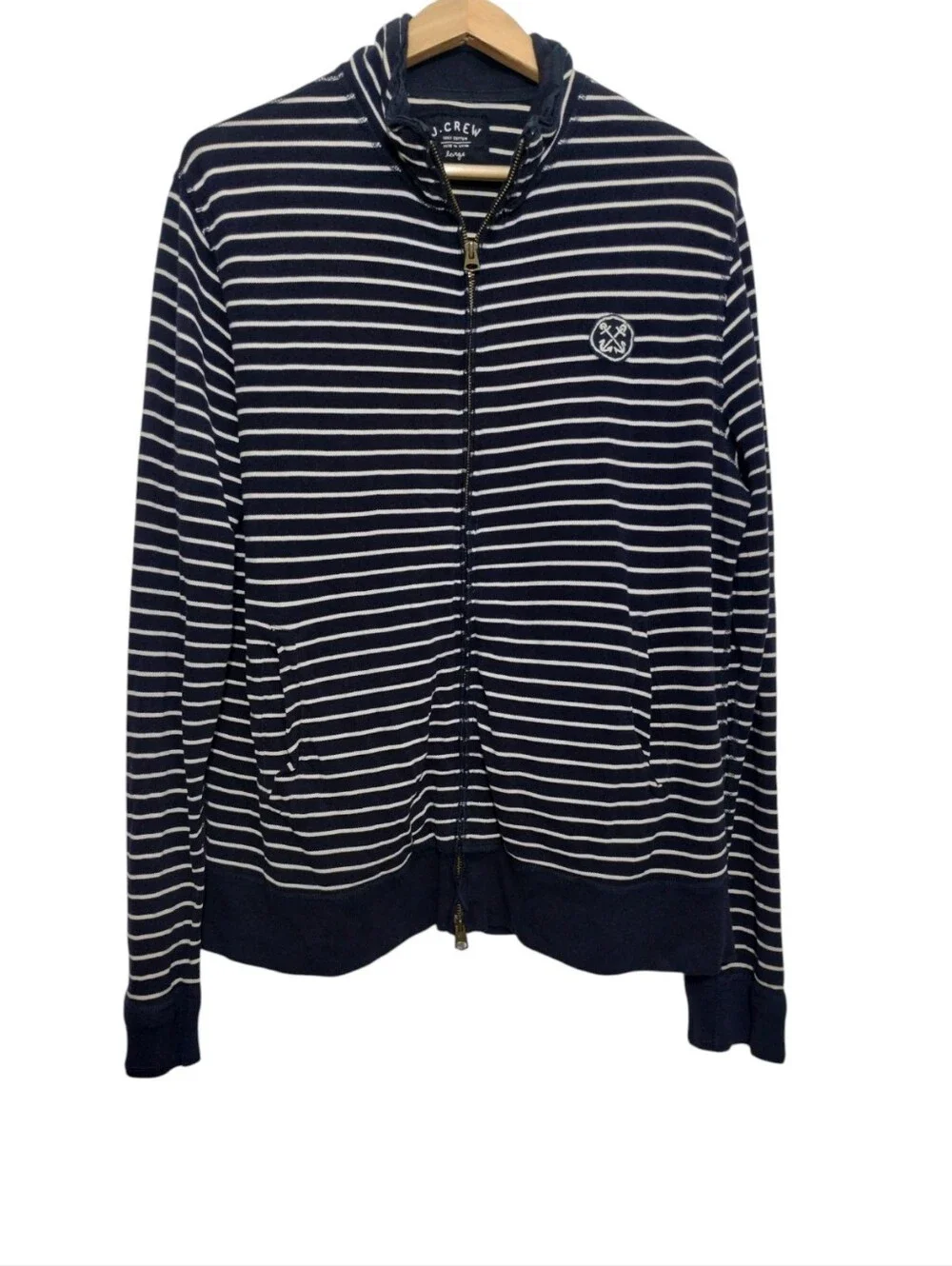J.Crew Mens L Cotton Navy & White Striped Full-zip Jacket Nautical Preppy Pocket